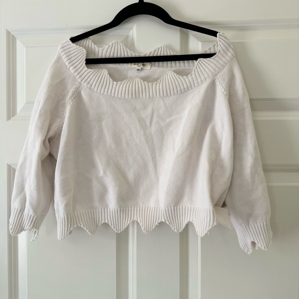 LF White Scalloped Cropped Sweater